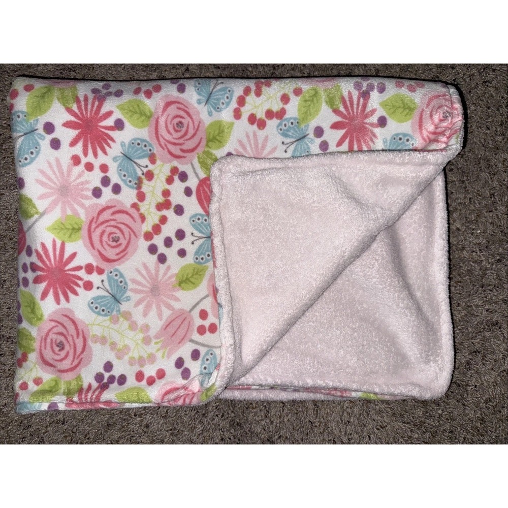 Parent's Choice Floral Baby‎ Blanket Pink Butterfly Rowers Blue Green
